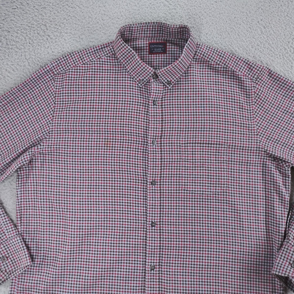 Untuckit Flannel Shirt Mens XXL 2XL Gray Red Brown Checked Long Sleeve Button Up